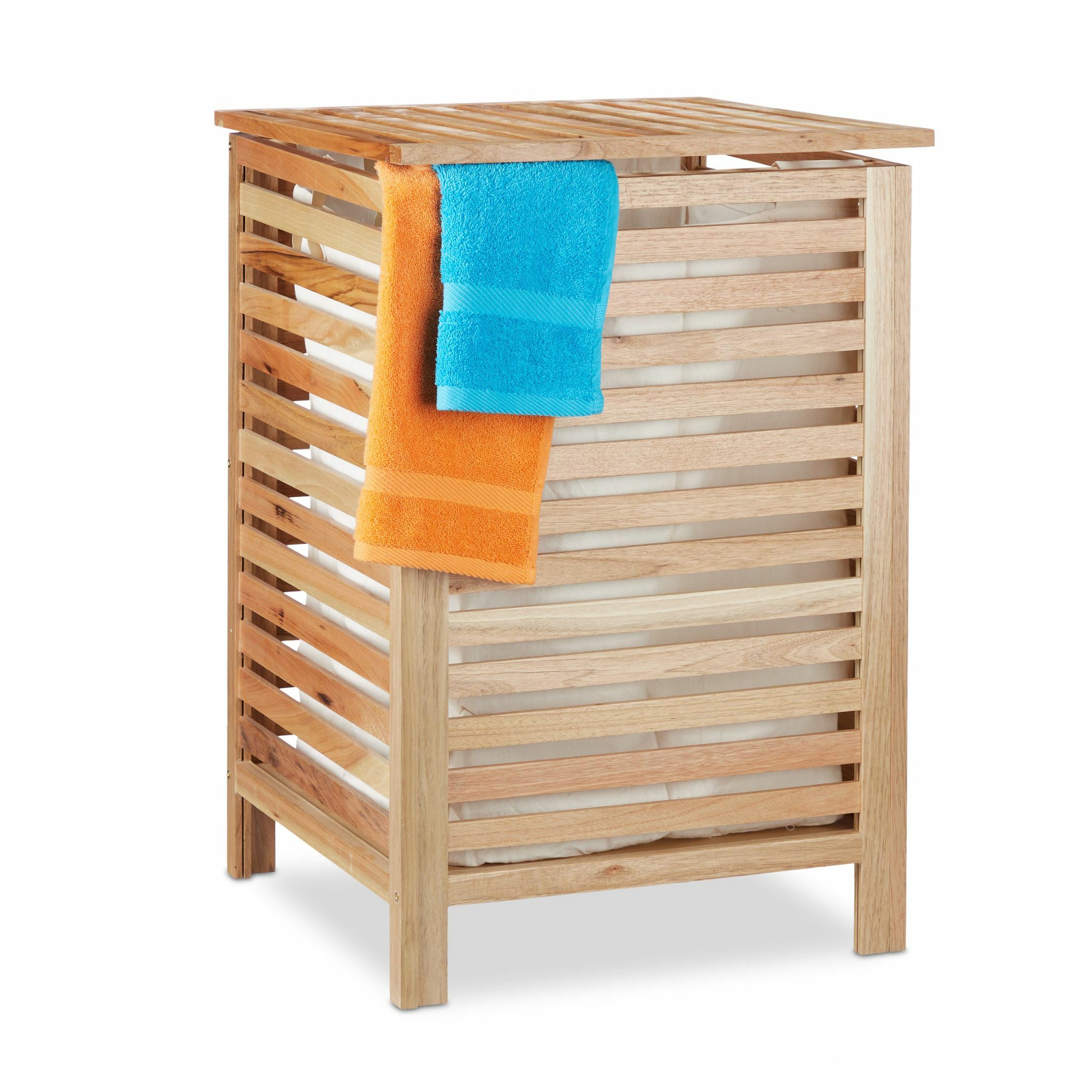 Merkloos Wasmand walnotenhout - met deksel - 52 l - uitneembare waszak - badkamer