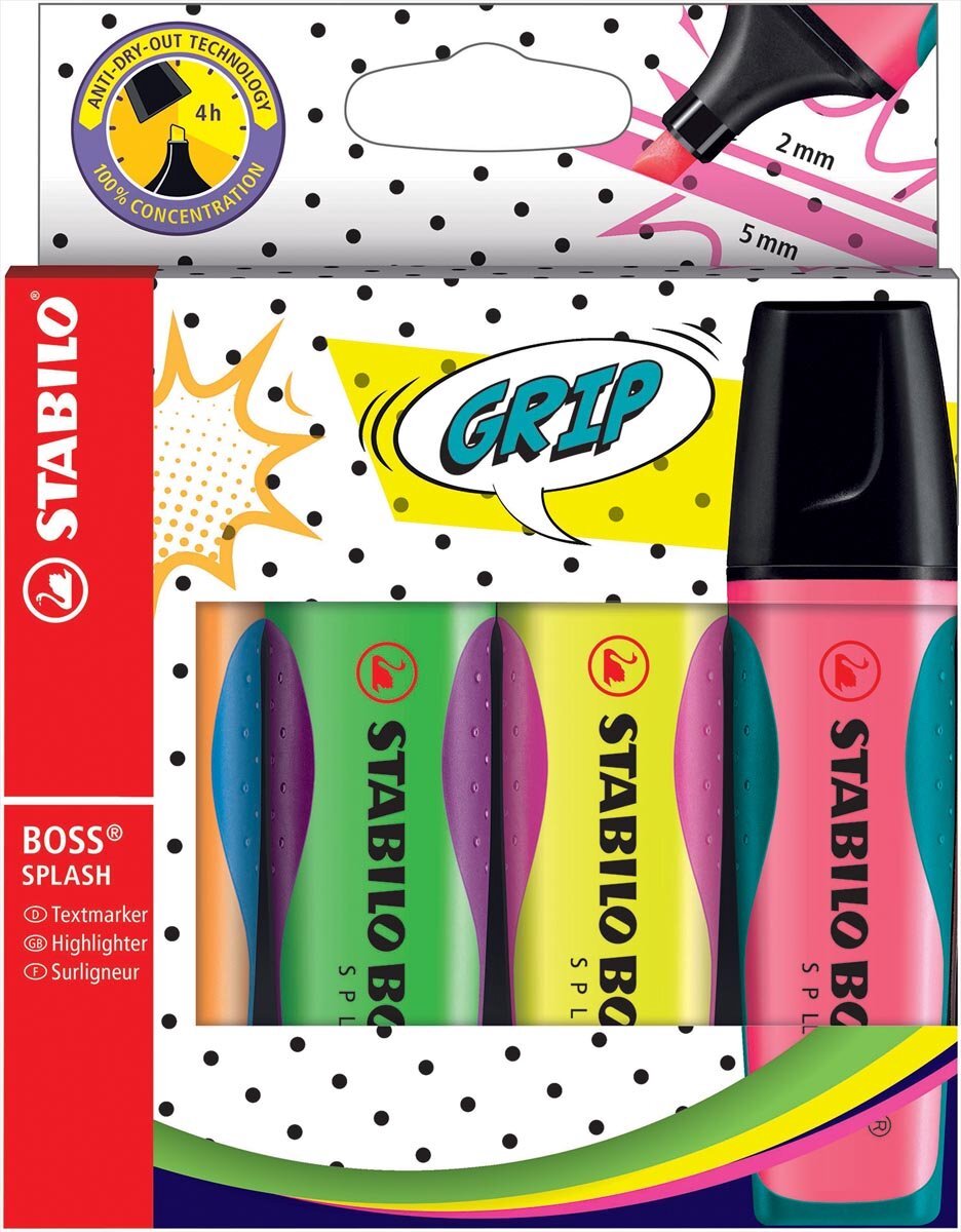 Stabilo Markeerstift Boss Splash 75/5 etui à 4 kleuren | 5 stuks