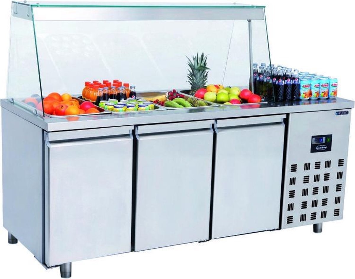 - Professionele Saladette met glasopstand | 3 Deuren | 4x 1/1 GNPan | Pro line | | 7489.5155 | Horeca