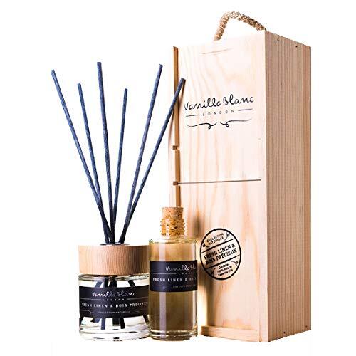 Vanilla Blanc London Vanilla Blanc Natuurlijke rietverspreider verpakt in een kenmerkende handgemaakte houten geschenkdoos met navulfles van 200 ml (Fresh Linen & Bois Precieux)