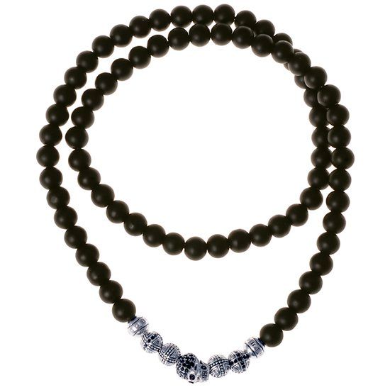 Mendes Jewelry Zwarte Agaat kralen ketting Zilveren Doodshoofd