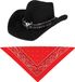 Chapeau de cowboy de luxe sans marque pour carnaval, modèle Rodeo - noir - et foulard rouge - pour adultes