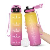 Drinkfles 1000ML Bpa-Vrij Waterfles Lekvrij Slotontwerp Met Tijdstempel GeelRoze
