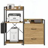 IDEALHOUSE Aktenrek met 2 laden en open rek, voor DIN A4/briefformaat, ruime printerkast met stroomaansluiting (2 AC en USB), RGB-ledverlichting, metalen frame en houten panelen, voor kantoor en