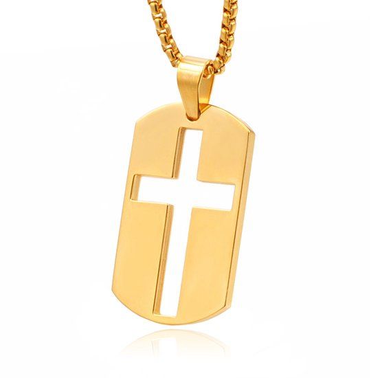 Mendes Jewelry Schakelketting Dogtag Goudkleurig met Kruis Symbool
