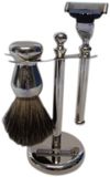 Golddachs Scheerstandaard, messing, zilver, 100% dakhaarkwast, Mach3-messen, ABS-borstel, klassiek eenvoudig, voor elke badkamer