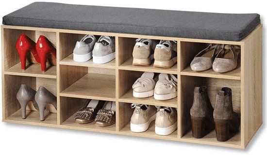 KESPER Schoenenkast met Zitkussen Eikenlook - Grijs - 12 paar schoenen