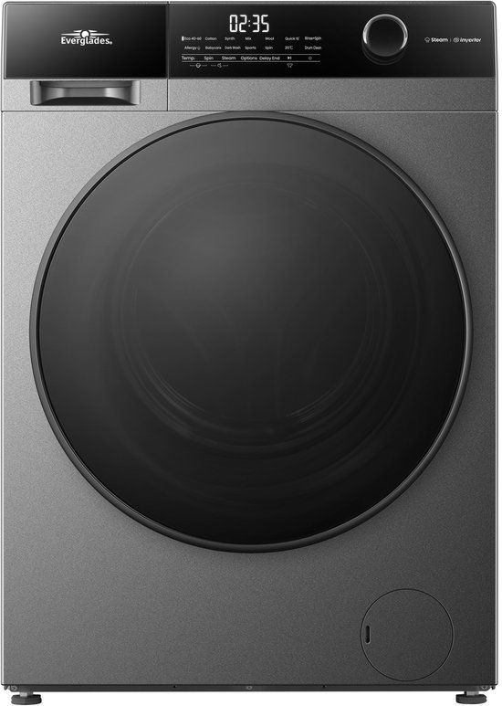 Everglades EVWM101422AG Wasmachine - 10KG - 1400 RPM - Energieklasse A - Stoomfuncties - Koolborstelloze Motor - 72dB - Titanium Grijs