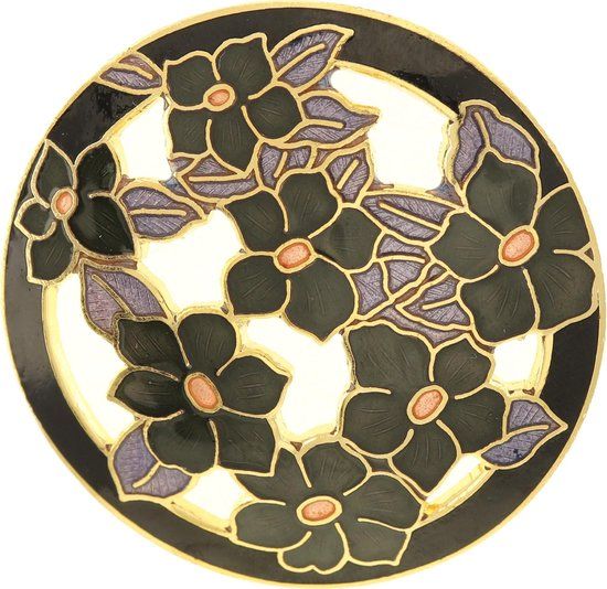 Behave® Broche rond met bloemen zwart - emaille dames broche - 4 cm