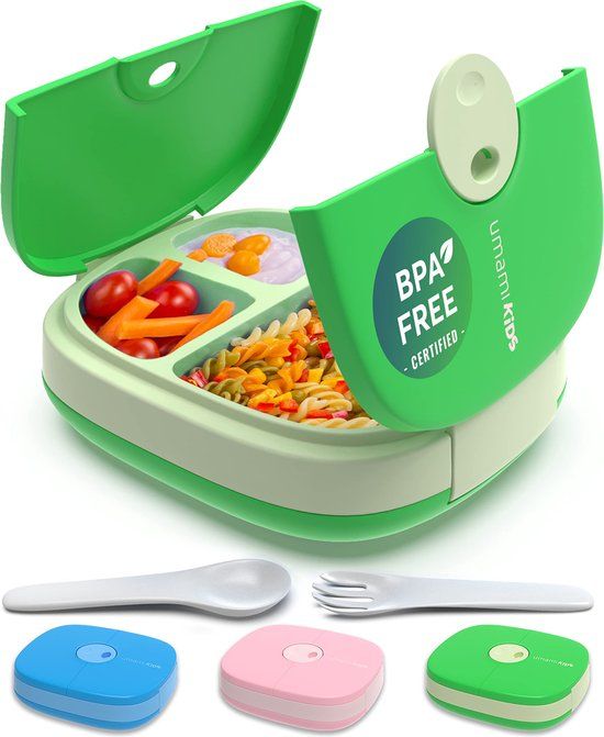 Umami Kids Lunchbox - Groen - 3 Vakken - Met Bestek - BPA-vrij - Magnetron- en Vaatwasserbestendig