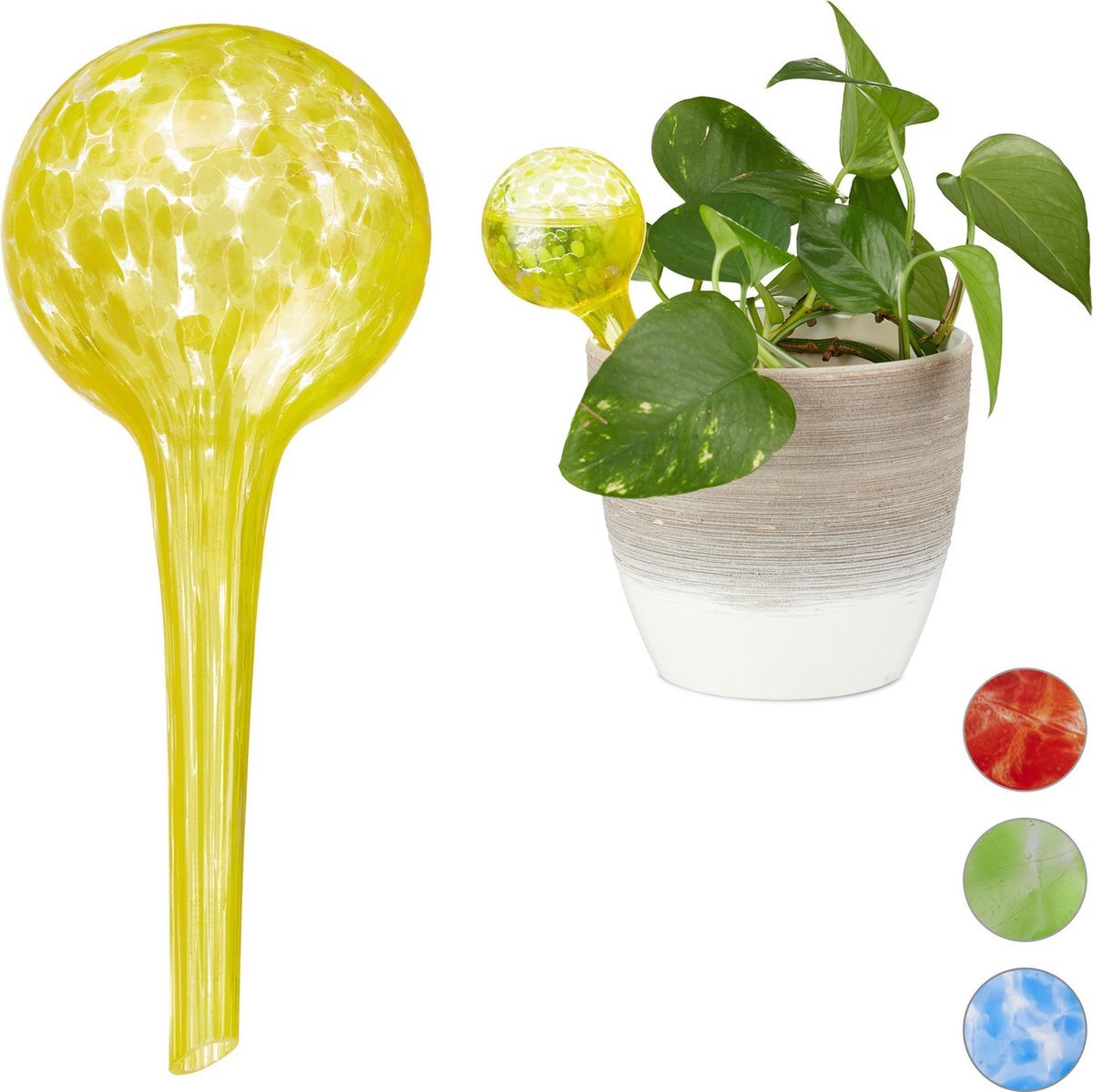 Relaxdays waterdruppelaar 2 stuks - glas - waterbollen voor planten - Ø6cm - gekleurd geel