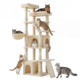 Feandrea Krabpaal, Grote Kattenboom, 5 Niveaus, 55 x 45 x 184,5 cm | Met Pluche en Sisal, 2 Krabplanken, Kattenhuis, Zomer zand, CLAWFY Collectie PCT014Y101