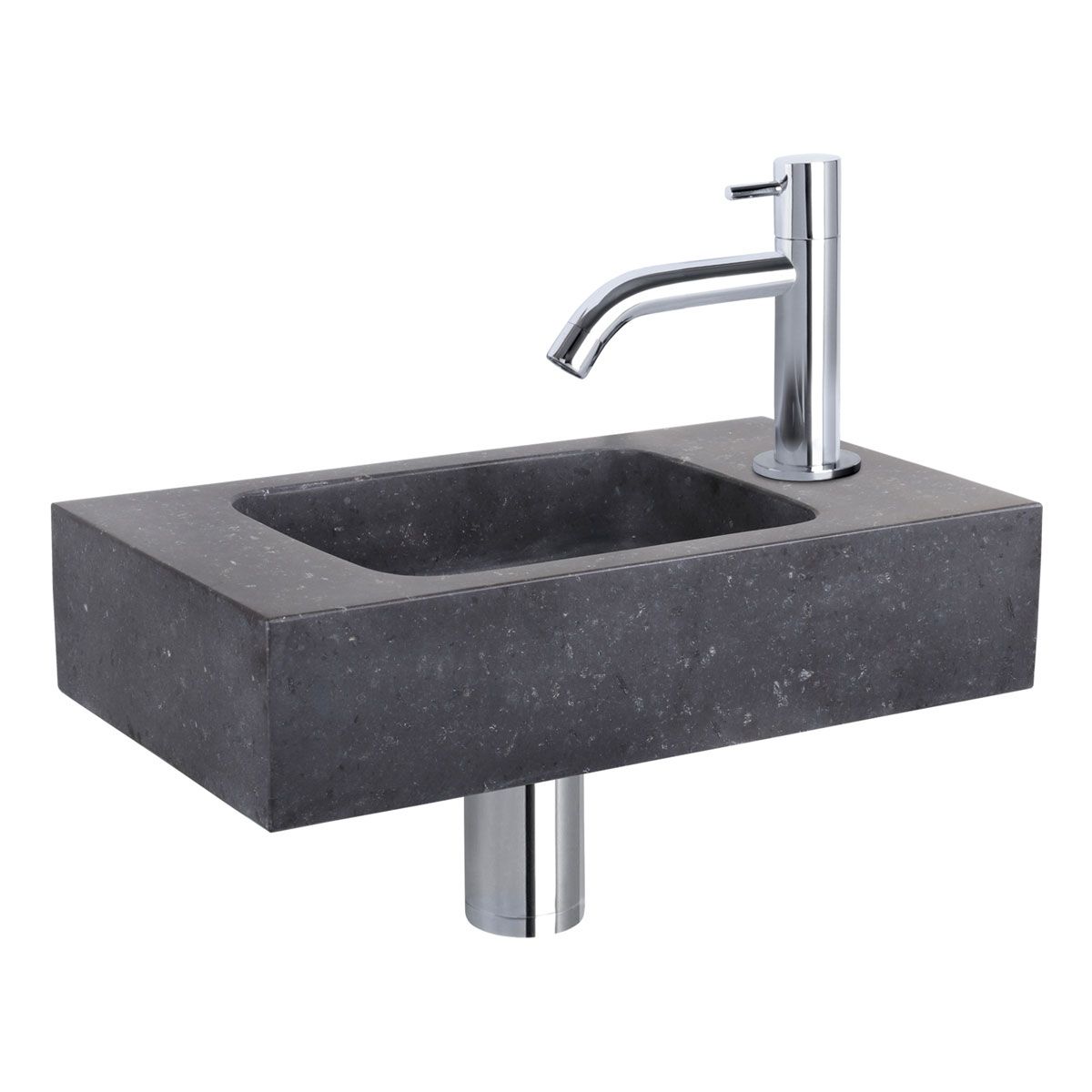 Differnz Fonteinset Force Rechthoek 40x22x9cm Bombai Natuursteen Zwart Gebogen Toiletkraan Clickwaste Sifon Chroom - Antraciet