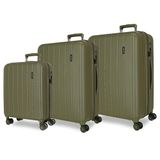 Movom Joumma Bags Houten cabinekoffer, middelgroot, set van harde ABS-kunststof, TSA-sluiting, 4 dubbele wielen, uittrekbaar, handbagage, kaki, cabin, medium, large, Set van 3 koffers