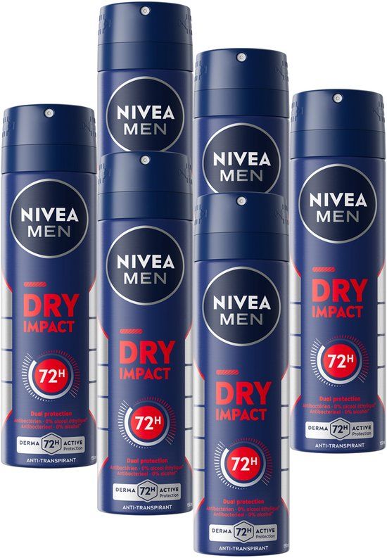 NIVEA MEN Dry Impact Anti-Transpirant Spray - 72 uur bescherming - 6 x 150 ml - Voordeelverpakking