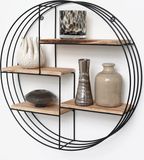 Merkloos / Sans marque Van den Brink's High Tech Parts B.V. Zwart metalen wandrek industrieel met 4 houten plankjes - Rond - 50x11 cm