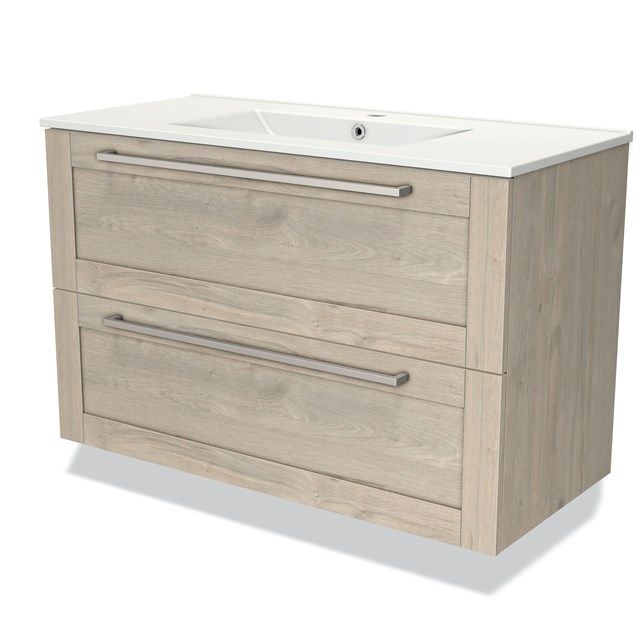 Maxaro Badkamermeubel 100cm Modulo Lichtgrijs Eiken 2 Lades Kader Wastafel Keramiek