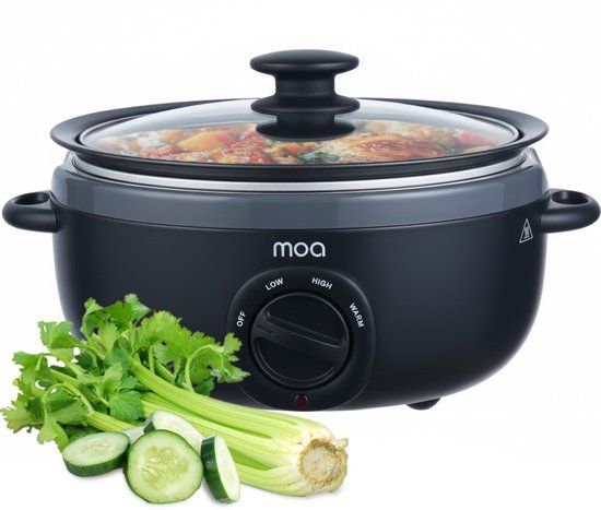 MOA Slowcooker 6,5L - Ø 31cm - Aluminium Binnenpan - BPA-vrij - Doorzichtige Deksel - 3 Warmtestanden - Vaatwasserbestendig - Zwart