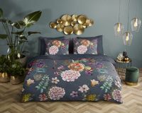 Descanso dekbedovertrek bloemen - 1 persoons 140x200/220 cm - Antraciet - 100% Katoen satijn