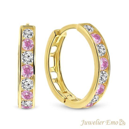 Juwelier Emo - 14 Karaat Geelgouden oorbellen met roze en transparante Zirkonia's - 15 mm