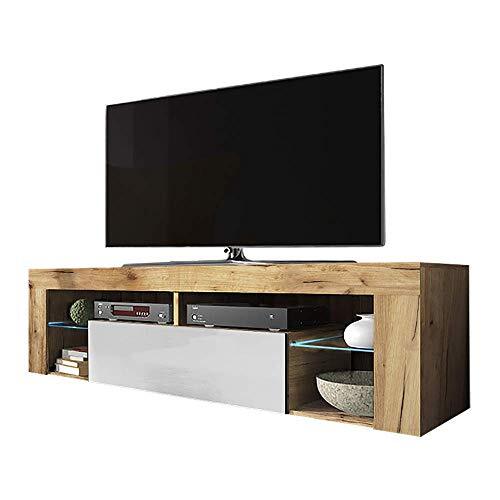 Selsey Bianko - TV-meubel/woonkamer meubel - 140 cm - lancaster eiken/wit glanzend - met LED verlichting - modern