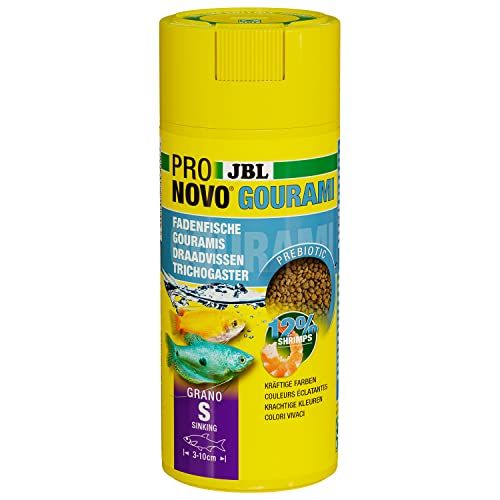 JBL PRONOVO GUPPY GOURAMI, hoofdvoer voor goerami's en labyrintvissen van 3-10 cm, visvoer-granulaat, click-doseerder, maat S, 250 ml