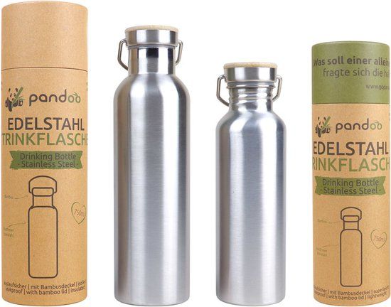 Pandoo Thermosfles - 750 ml - RVS - Bamboe deksel - Zilver