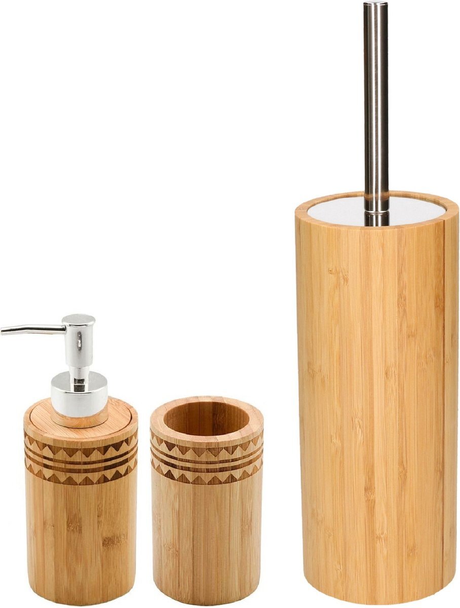 Items Toiletborstel en houder 37 cm met zeeppompje/beker bamboe hout