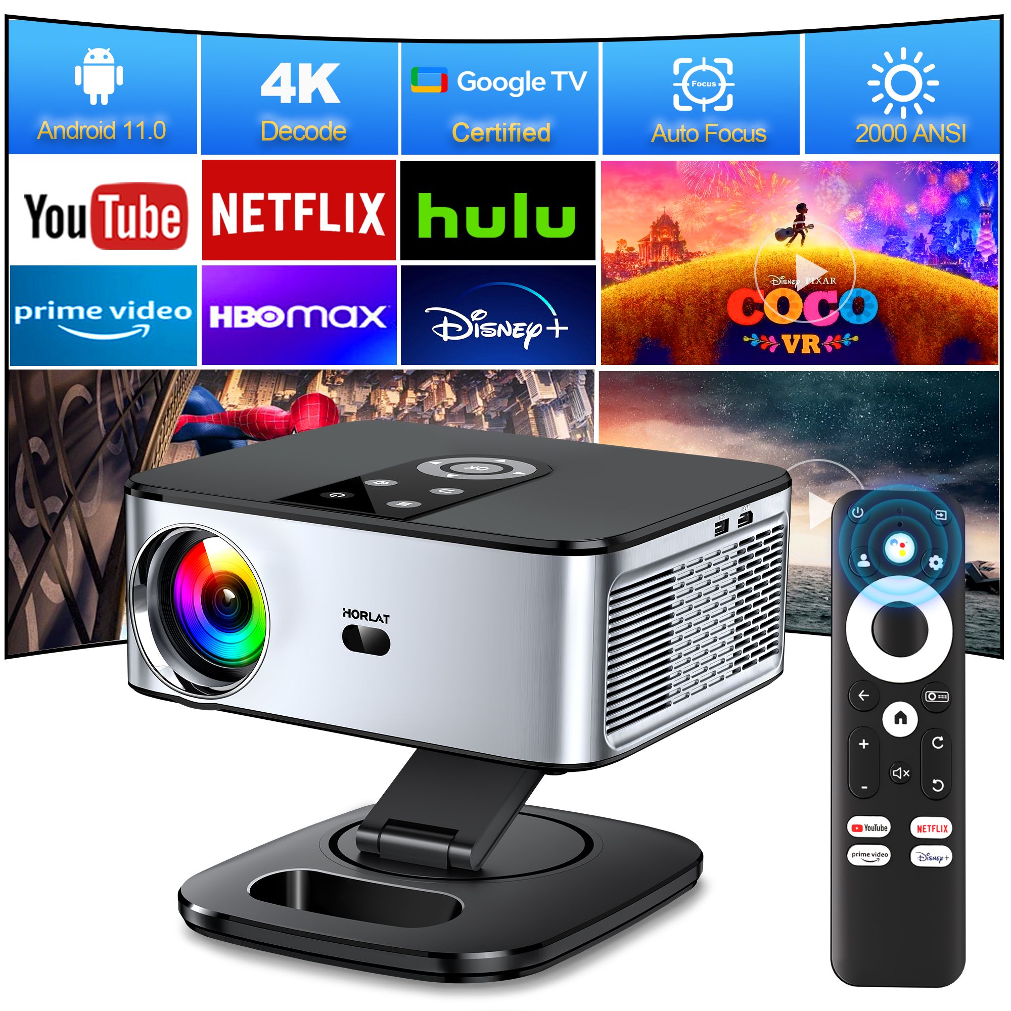HORLAT Google TV Projector 2000ANSI Bluetooth Spraakbesturing Autofocus WiFi 6 4K HD Beamer Home Theater Filmprojector