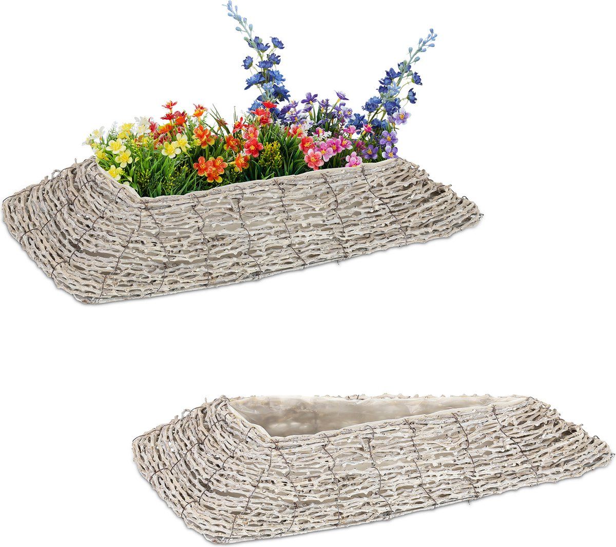 Relaxdays plantenbak - set van 2 - rotan - bloempot - driehoekig - wit/natuur