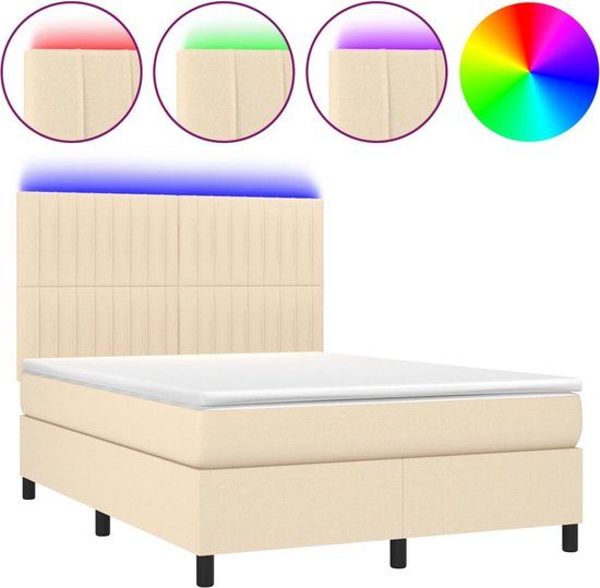 vidaXL Boxspring met matras en LED stof crèmekleurig 140x200 cm