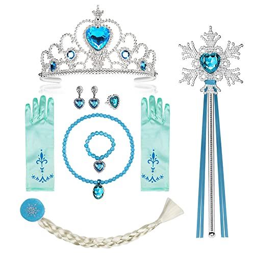 Vicloon Elsa Handschoenen Kits, Elsa Kostuum Set van 9, Inclusief Elsa Handschoenen, Upgrade Prinses Tiara Braid, Toverstaf en Elsa Kroon Jurk Meisjes voor Feest Kerstmis Carnaval Party Halloween Verjaardagsfeest (blauw)