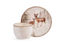 H&H Set van 4 koffiekopjes van aardewerk met schoteltjes, 115 cc, beige gestippeld met bruine rand, decoratie magische hert met besneeuwde landschappen, perfect voor winter en Kerstmis