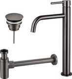 Fortifura Calvi Slim Wastafelkraanset - verhoogde wastafelkraan - always open plug - design sifon - PVD - geborsteld gunmetal (antraciet)