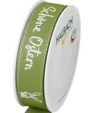 Halbach Seidenbänder printband Pasen | 25mm x 18m | Dekoband voor Pasen belettering "Mooie Pasen" | lint linnen voor paasgeschenken | Kleur: mosgroen/wit