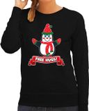 Bellatio Decorations Foute Kersttrui/sweater dames - free hugs - zwart - pinguin L