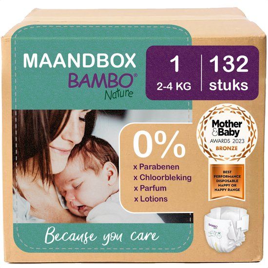 BAMBO Nature Luiers - Maat 1 (2-4 kg) - 132 stuks Maandbox - 0% onnodige toevoegingen - Ideaal voor de gevoelige huid - Nordic Swan Ecolabel