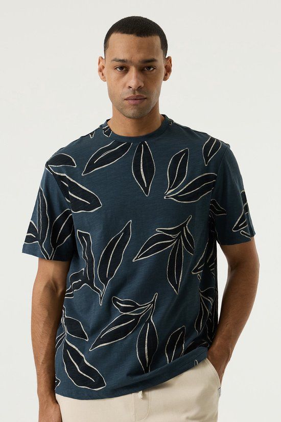 Garcia Heren Print T-shirt Blauw Korte mouw