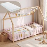 en.casa Kinderbed "Sisimiut" roze/naturel grenenhout 90x200 cm Montessori-stijl met matras en valbeveiliging
