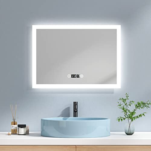 EMKE Badspiegel met verlichting, 70 x 50 cm, led, badkamerspiegel met 3 lichtkleuren, koudwit, neutraal, warmwit, lichtspiegel, spiegel met verlichting met aanraakschakelaar, beslaat niet, klok IP44
