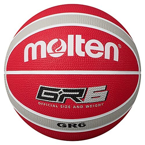 Molten GR Basketbal, binnen/buiten, premium rubber, maat 6, slagkleur rood/wit/zilver, geschikt voor jongens van 12, 13, 14 en meisjes van 14 jaar en volwassenen (BGR6-WRS)