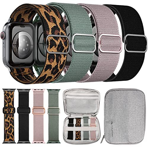 ALTOUMAN Compatibel met Apple Watch armband 45 mm 44 mm 42 mm, dames en heren, stretchy nylon Solo Loop armbanden met opbergtas voor Apple Watch SE/7/6/5/4/3/2/1, verstelbare sportarmband, 4 verpakkingen