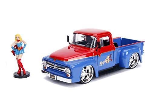 Jada Toys 253255008 DC Comics Bombshells Supergirl, 1956 Ford F100, auto, speelgoedauto uit de cast, deuren, kofferbak en motorkap om te openen, incl. Super Girl figuur, schaal 1:24, blauw/rood