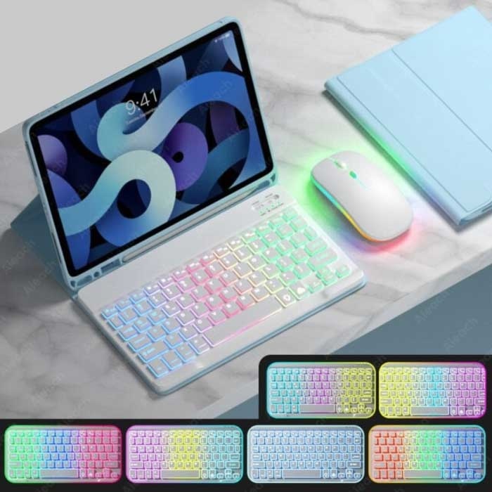 AIEACH RGB Toetsenbord Hoes en Muis voor iPad 10 5 - QWERTY Multifunctionele Keyboard Bluetooth Smart Cover Case Hoesje Blauw