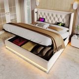 Lit Coffre 140x200 Avec Led Et Rangement Hydraulique, Lit Double Capitonné Avec Port Usb Et Type-c, Cadre De Lit Adulte En Coton Beige