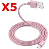 Little Boutik X5 Metaal Nylon Versterkte USB-kabel Roze Kleur voor iPhone 1,5 m Gevlochten Compatibel iPhone 5s/6/6S/7/8/X