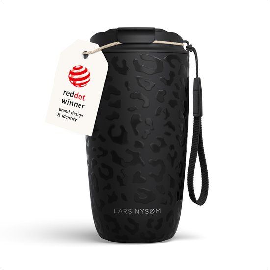 LARS NYSØM Nøgen Thermo Coffee Mug-to-go 500ml - BPA-vrij met Isolatie - Met Draagriem & Tritan Deksel (Carbon Black/Leopard/Gloss Black)
