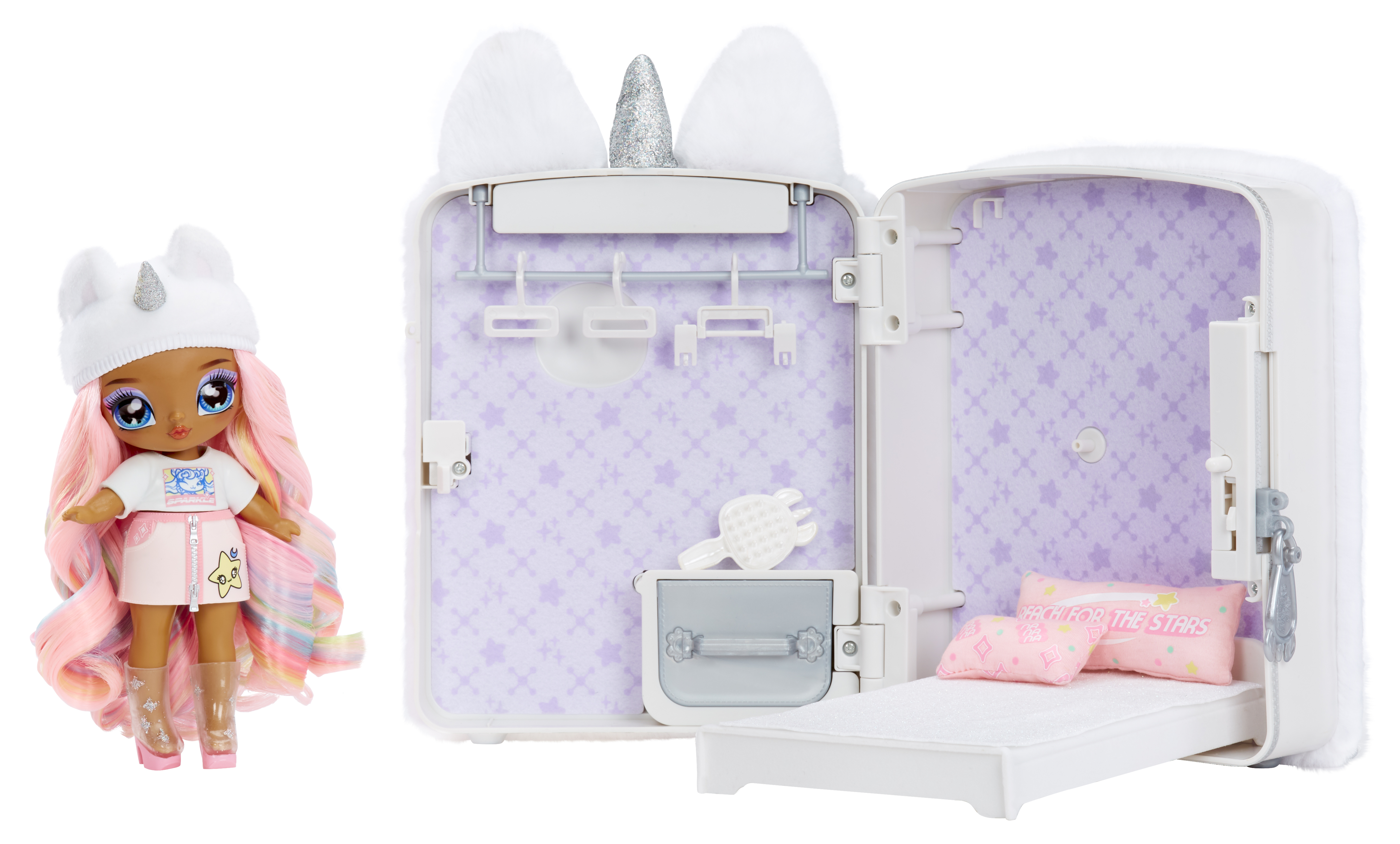 MGA Entertainment Na! Na! Na! Surprise 3-in-1-speelset met rugzak-slaapkamer en Whitney Sparkles-pop met eenhoornthema