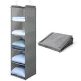 AiQInu Hangrek, kledingkast, hangopslag, kastorganizer met 5 vakken, opvouwbaar, ruimtebesparend, hangorganizer, opbergsysteem met metalen haken en versterkte bamboestok