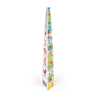 Janod ® Stack pyramide Farm driehoek (10 elementen) - blauw, geel, groen, oranje